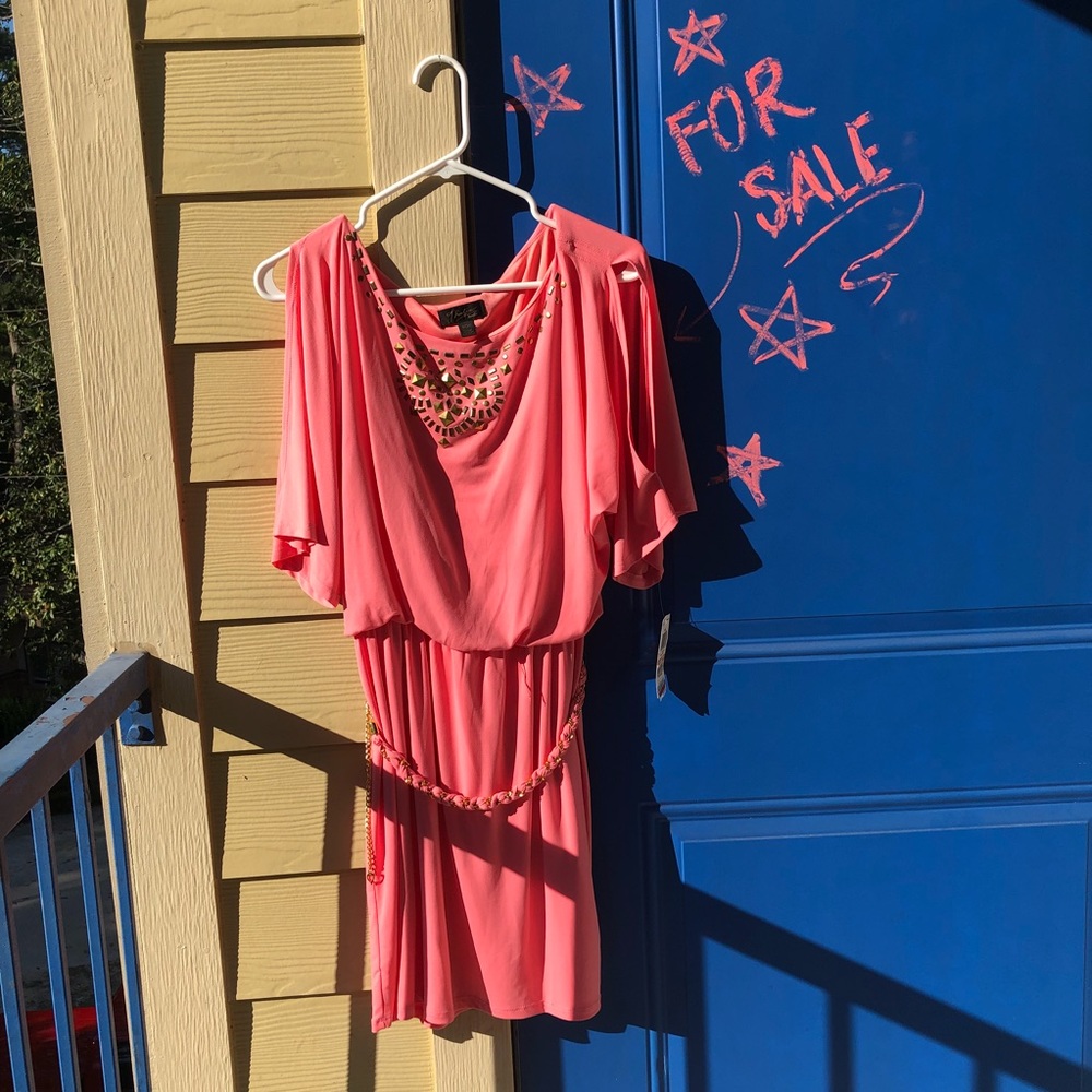 Peach flowy studded dress w/ belt chain